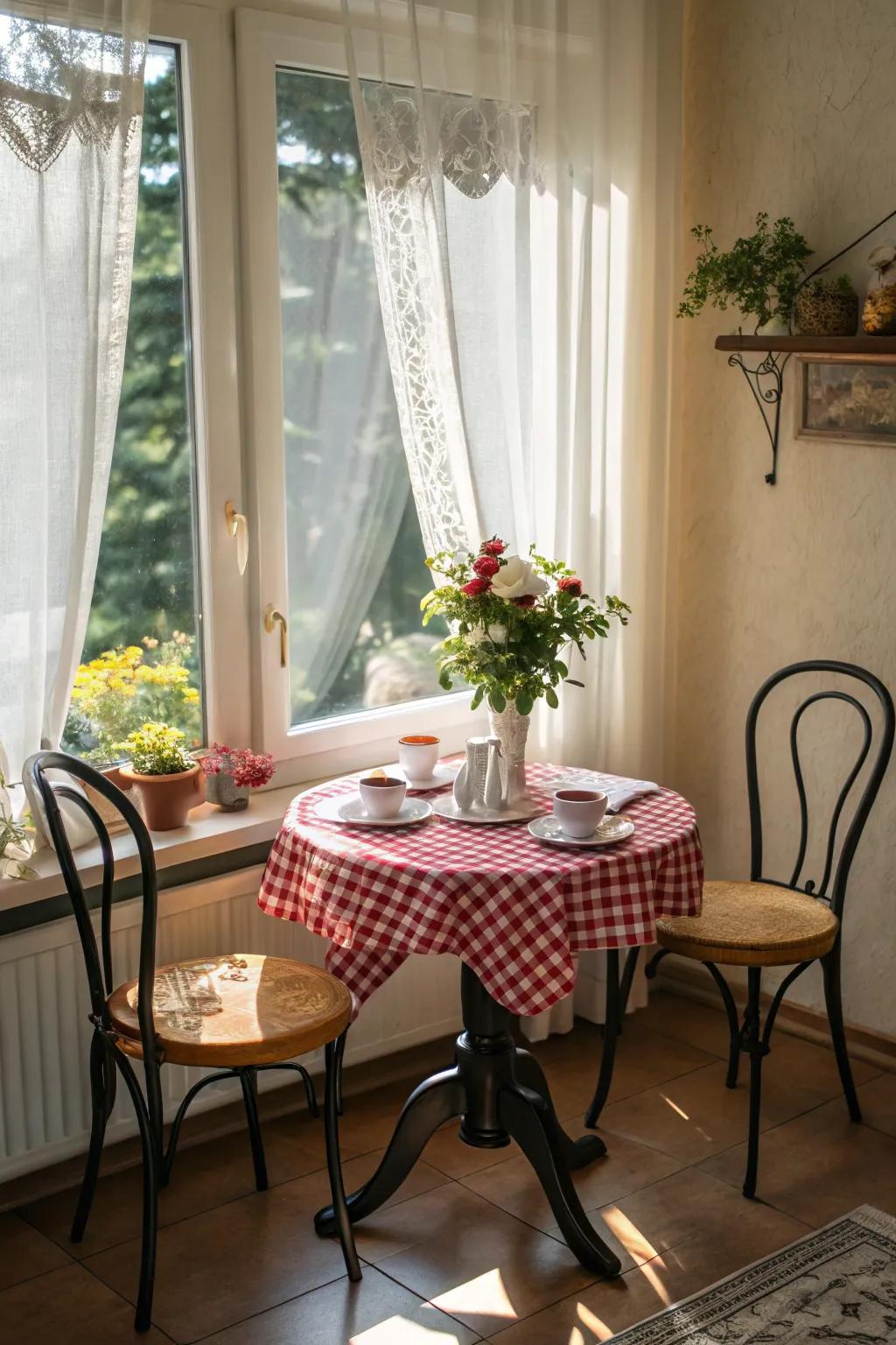A bistro-style nook offers a snug and quaint dining experience.