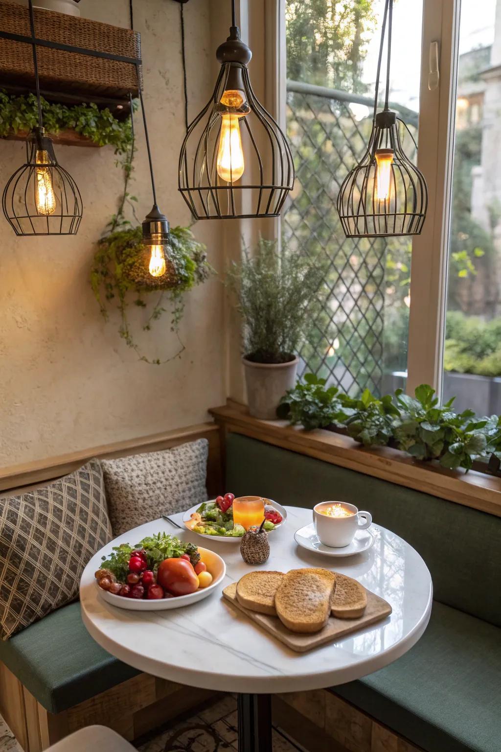 Eco-mindful lighting options for a breakfast nook.