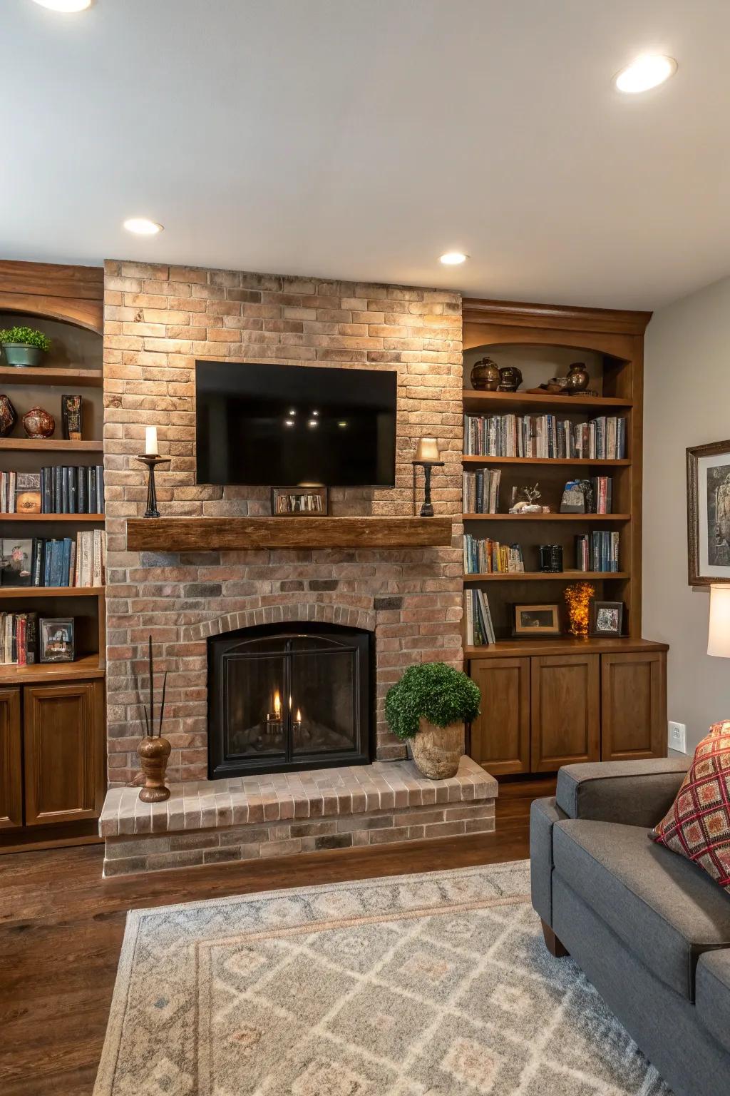 Fitted shelves surrounding the fireplace enhance style and storage.