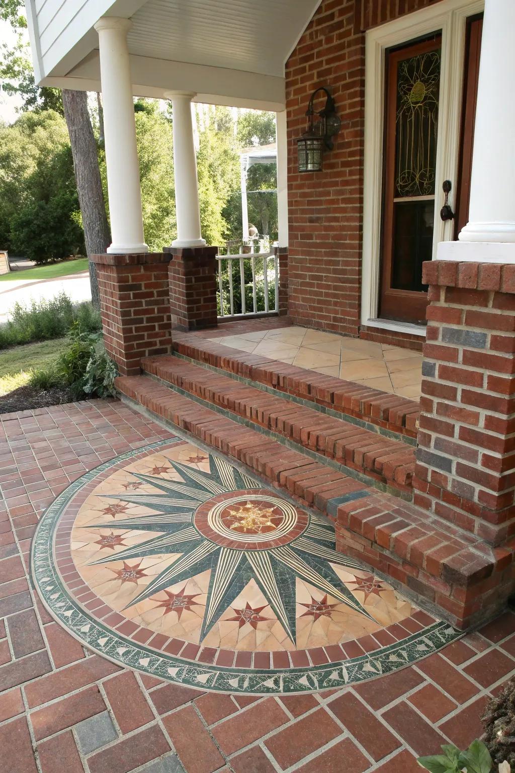 A sunburst mosaic adds artistic flair to this captivating brick porch.