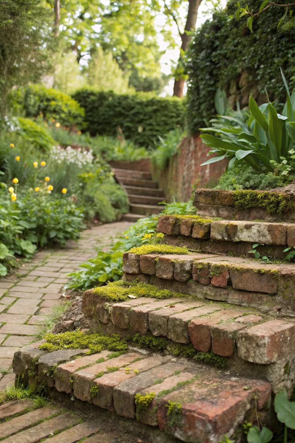 Green brick steps constructed from reused materials.