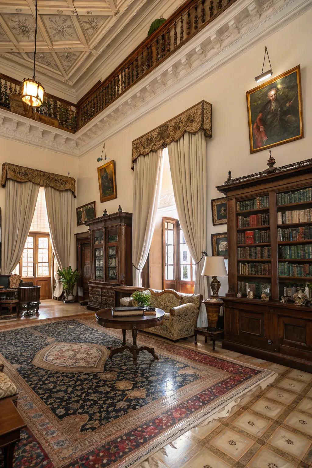 High ceilings accentuate the grandeur of the space.