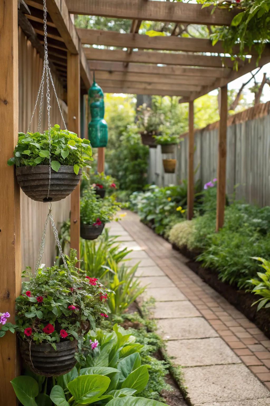 Plastic bottles find new life as creative hanging planters.