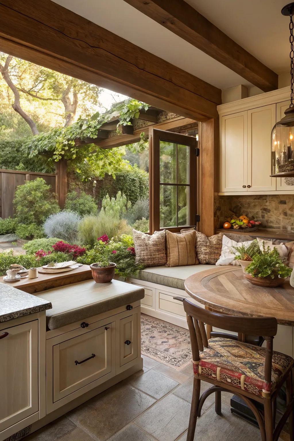 Delight in a garden view with a wrap-around banquette in your kitchen.
