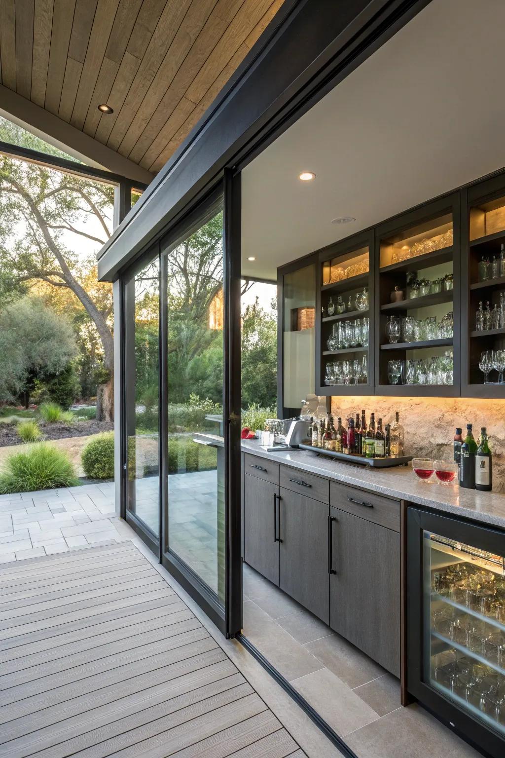A pass-through bar that seamlessly blends interior and exterior entertaining.