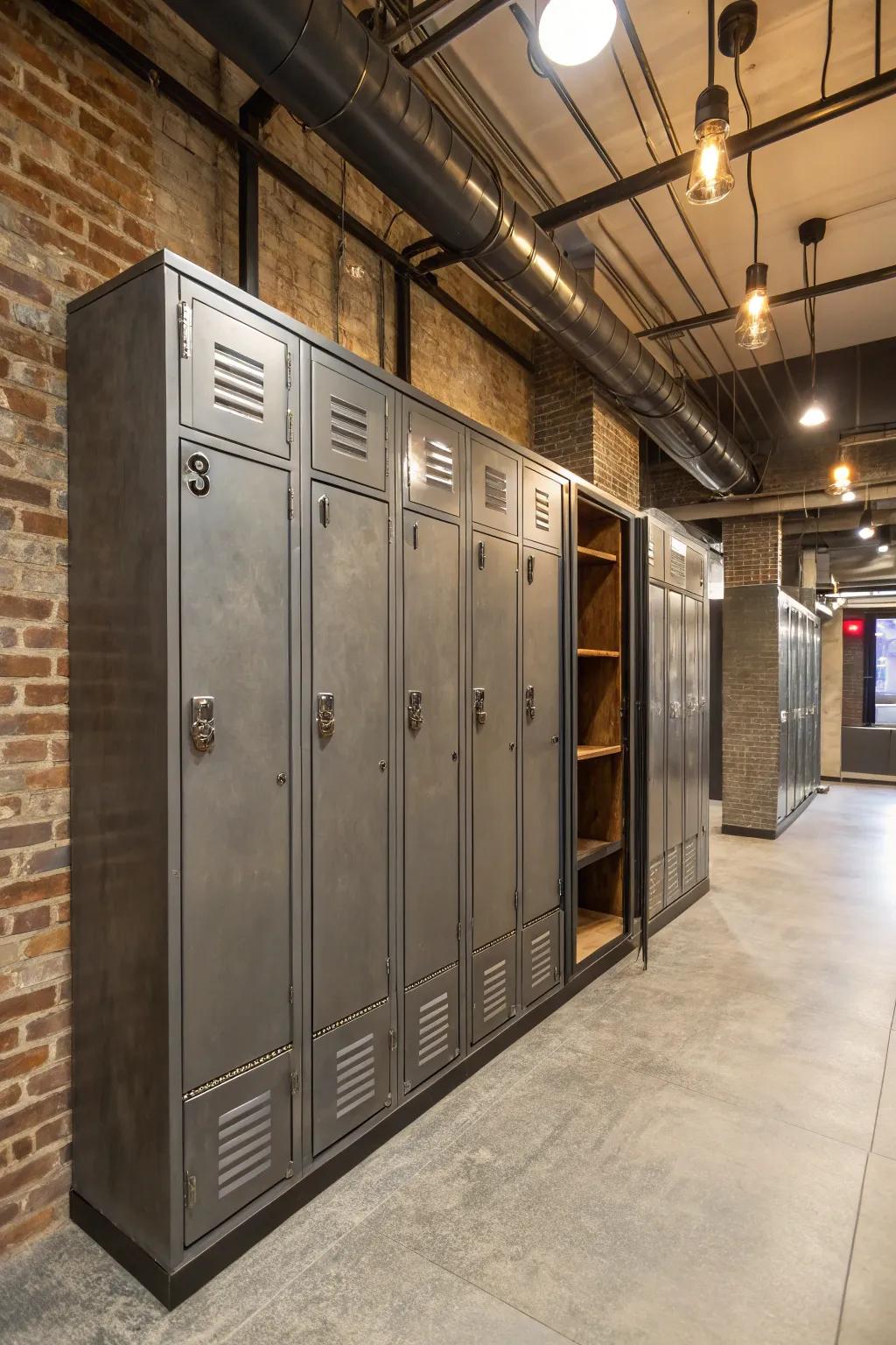 Urban chic design exhibiting steel-accented integrated lockers.
