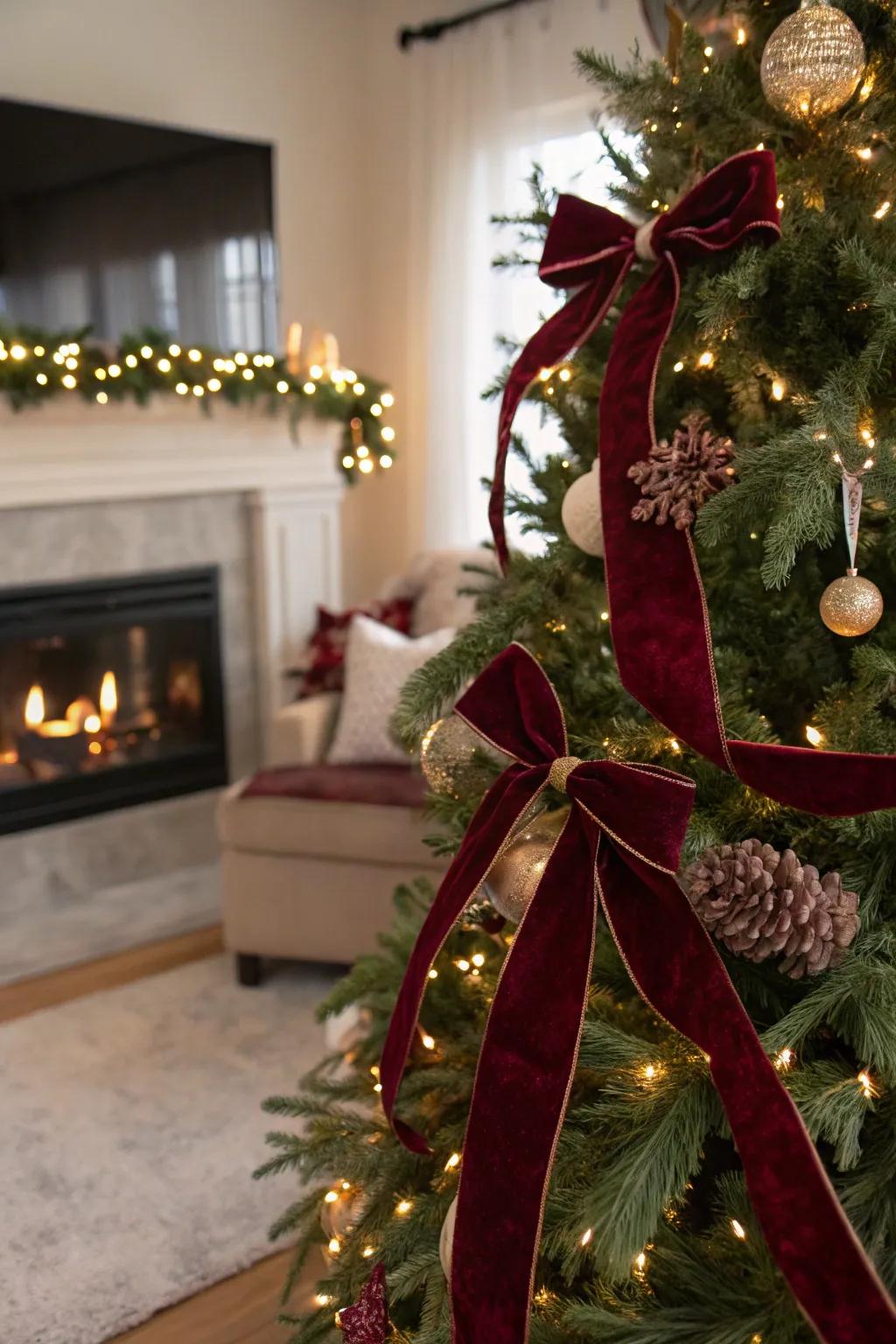 Velvet bands impart plush elegance to the tree.