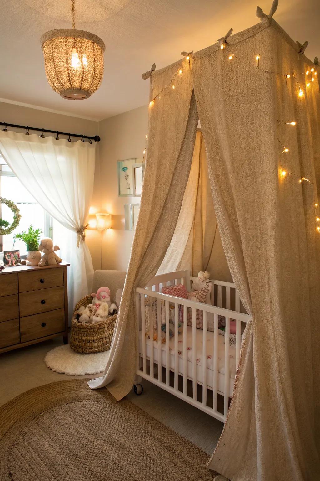 Tranquil nursery featuring soft hessian drapes.