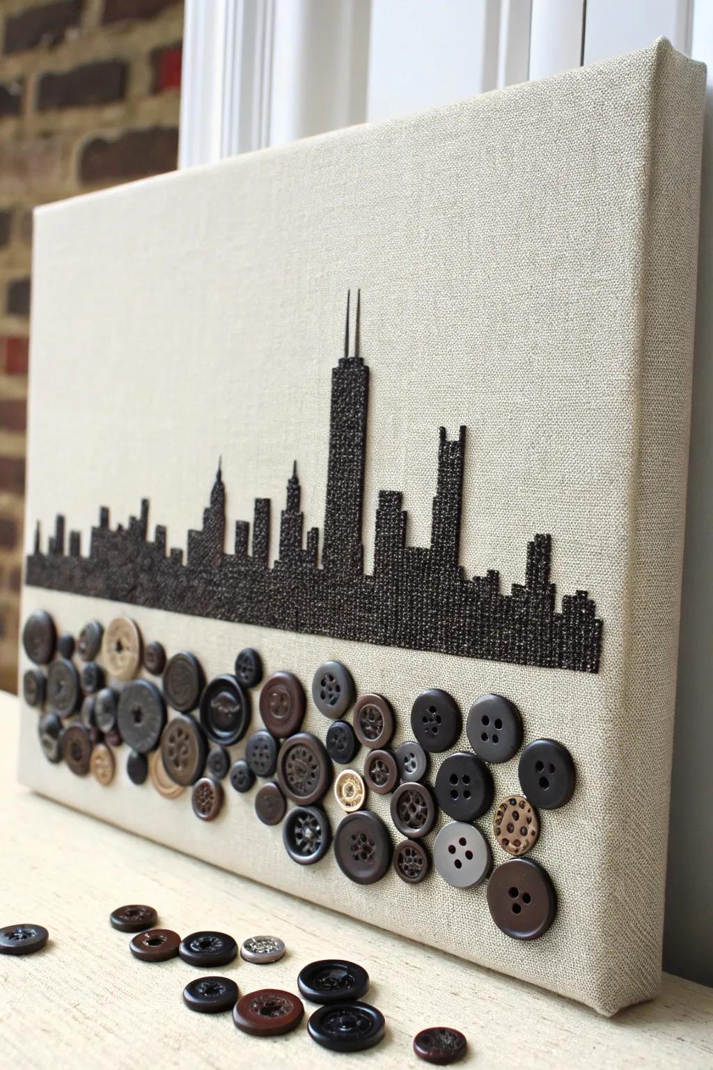 Elevate your decor with urban elegance: a button skyline masterpiece blending minimalism and bohemian flair.