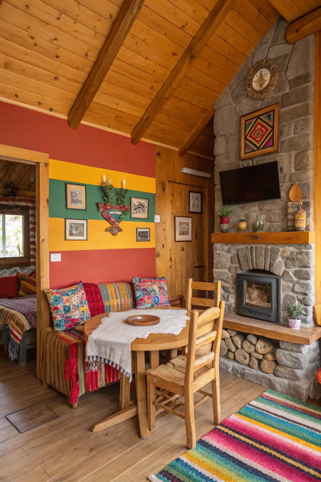 Striking hues bring energy to rustic cabin settings.