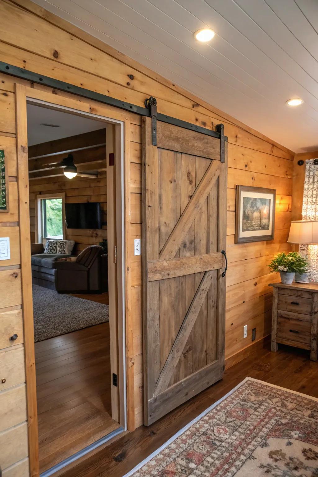 A country-style sliding barn door that combines functionality with charm.