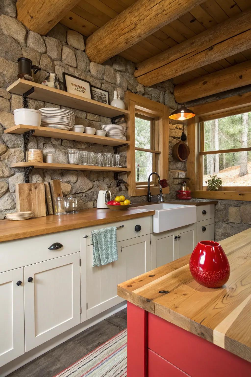 Unexpected vibrant hues can energize a cabin kitchen.