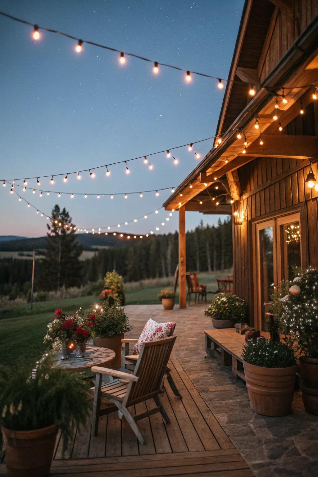 Fairy lights offering ambient lights on a cabin patio.