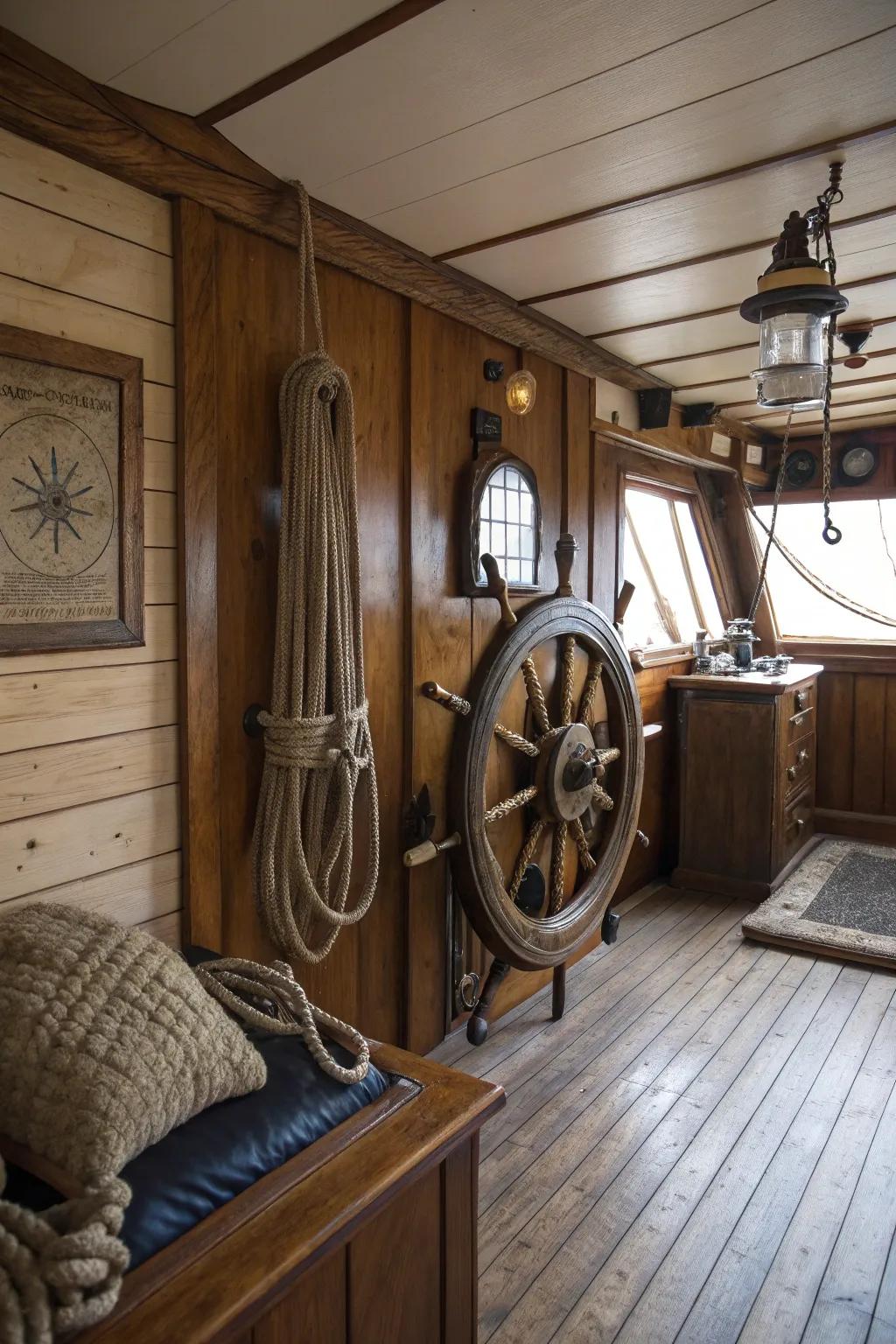 Seafaring complements appending a seaside theme to the cabin ornamentation.