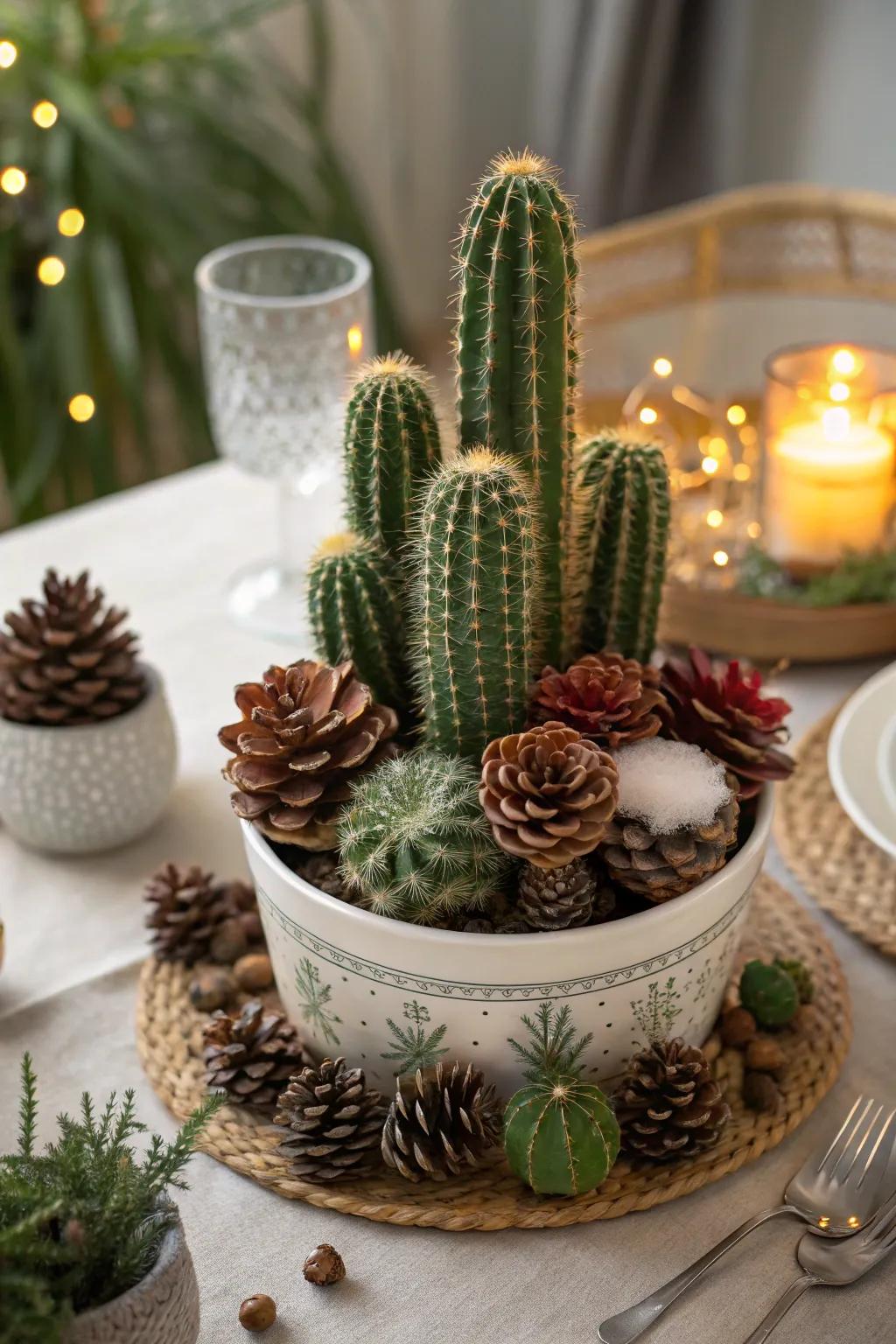 Cacti accompanied by seasonal accents deliver festive beauty to the table.