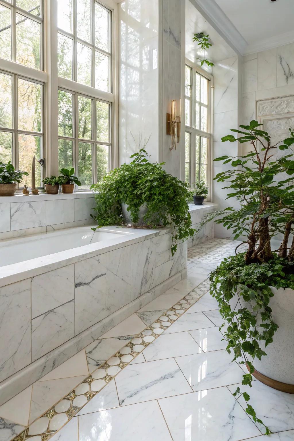 A rejuvenating bathroom featuring Luminous Stone slabs and lush foliage highlights.