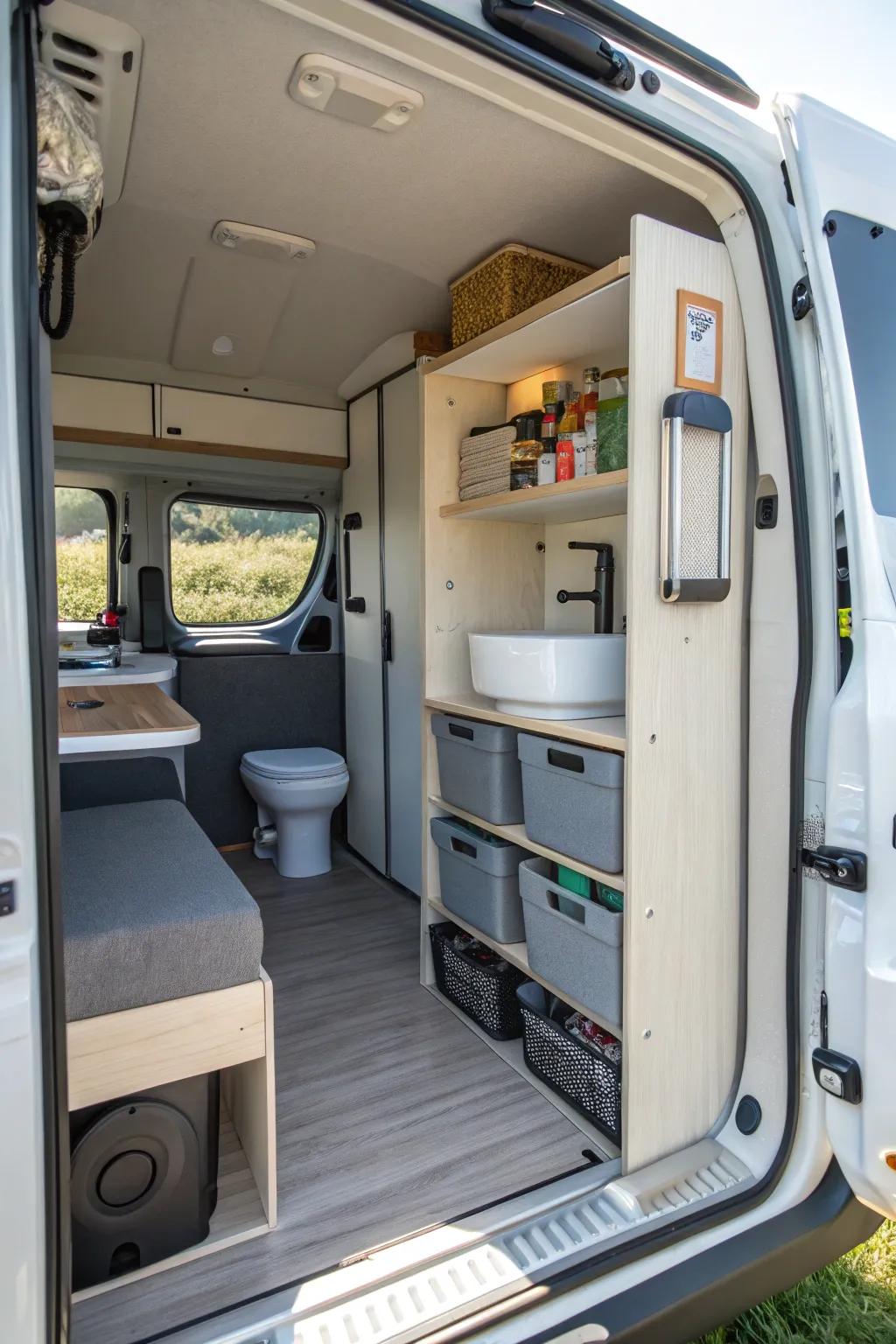 Sectional storage pieces in a camper van bathroom for optimal organization.