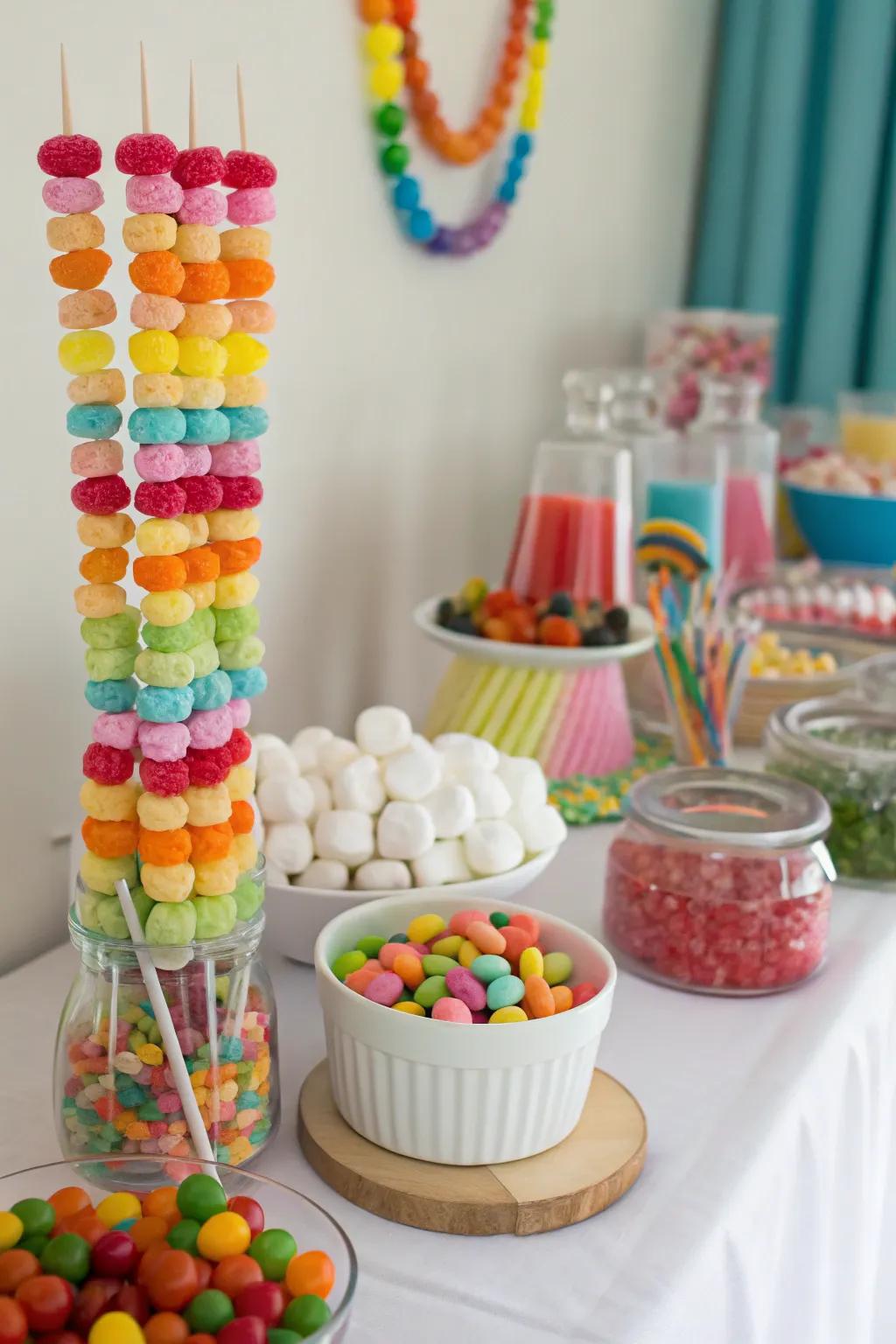 Edible decor adds a playful touch to your candy buffet.