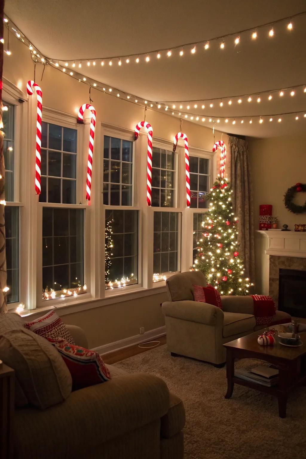 Illuminate your celebration with peppermint stick-shaped cord lights.