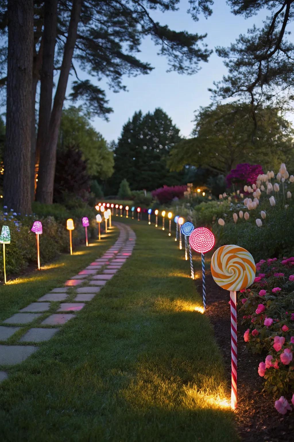Sweetscape lights line the path, creating a magical nighttime glow.