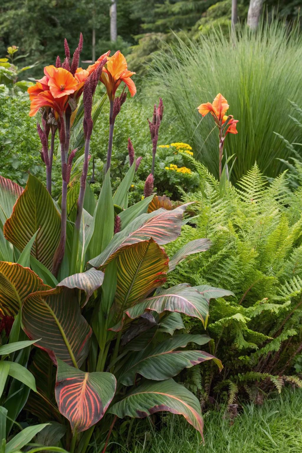 Canna lilies with grasses and ferns for bold foliage focus.