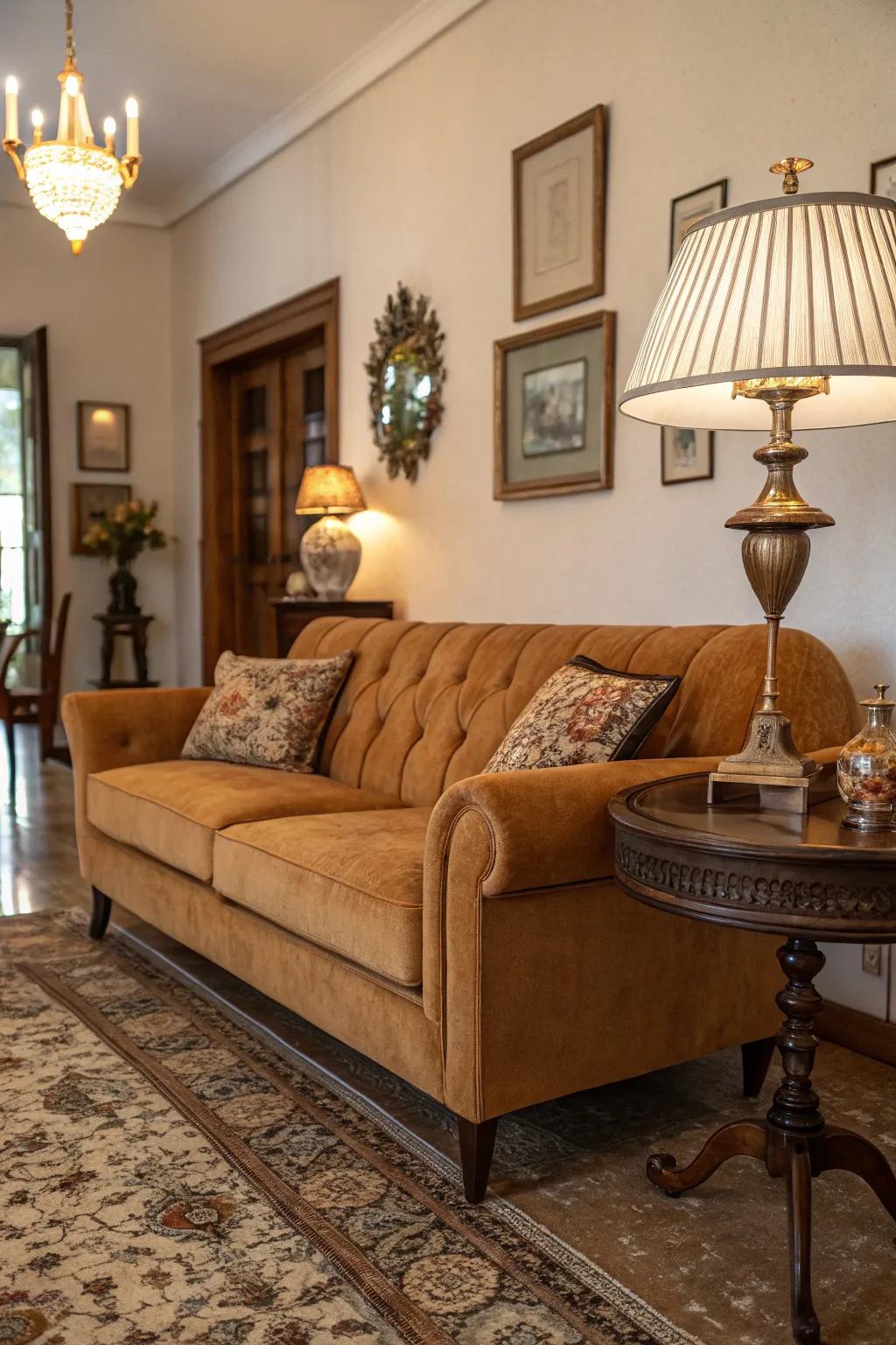 Retro elements impart distinction to a tawny sofa space.