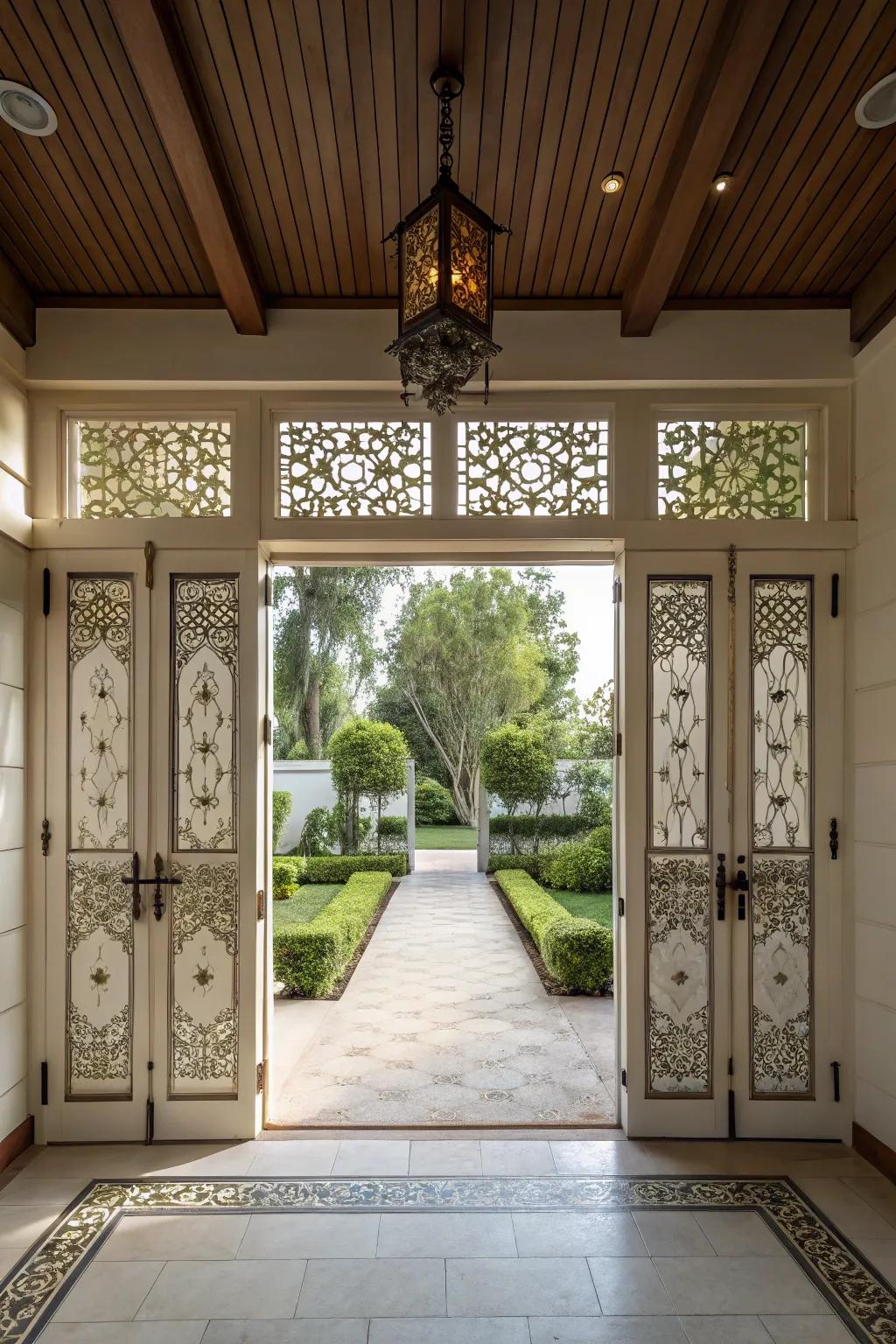 A carport featuring symmetrical door designs that create a balanced and harmonious appearance.