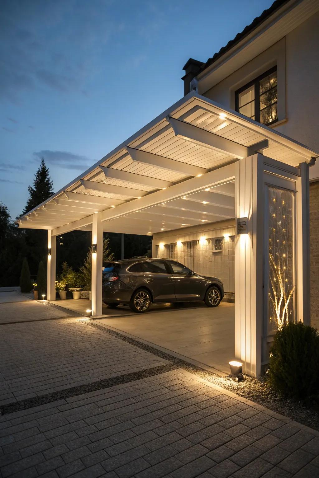 Uplighting elevates your carport with subtle elegance.