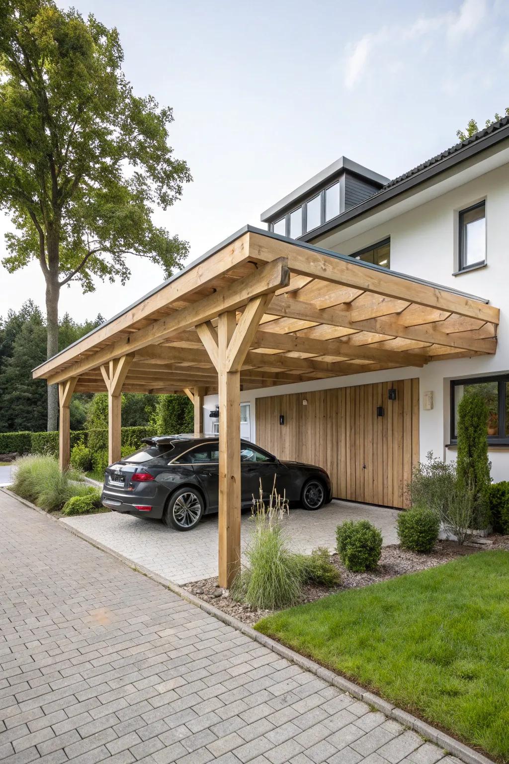 An eco-friendly timber carport with natural warmth.