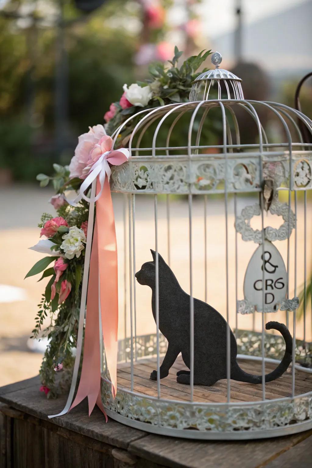 Artistic decor personalizes the cat enclosure with unique flair.