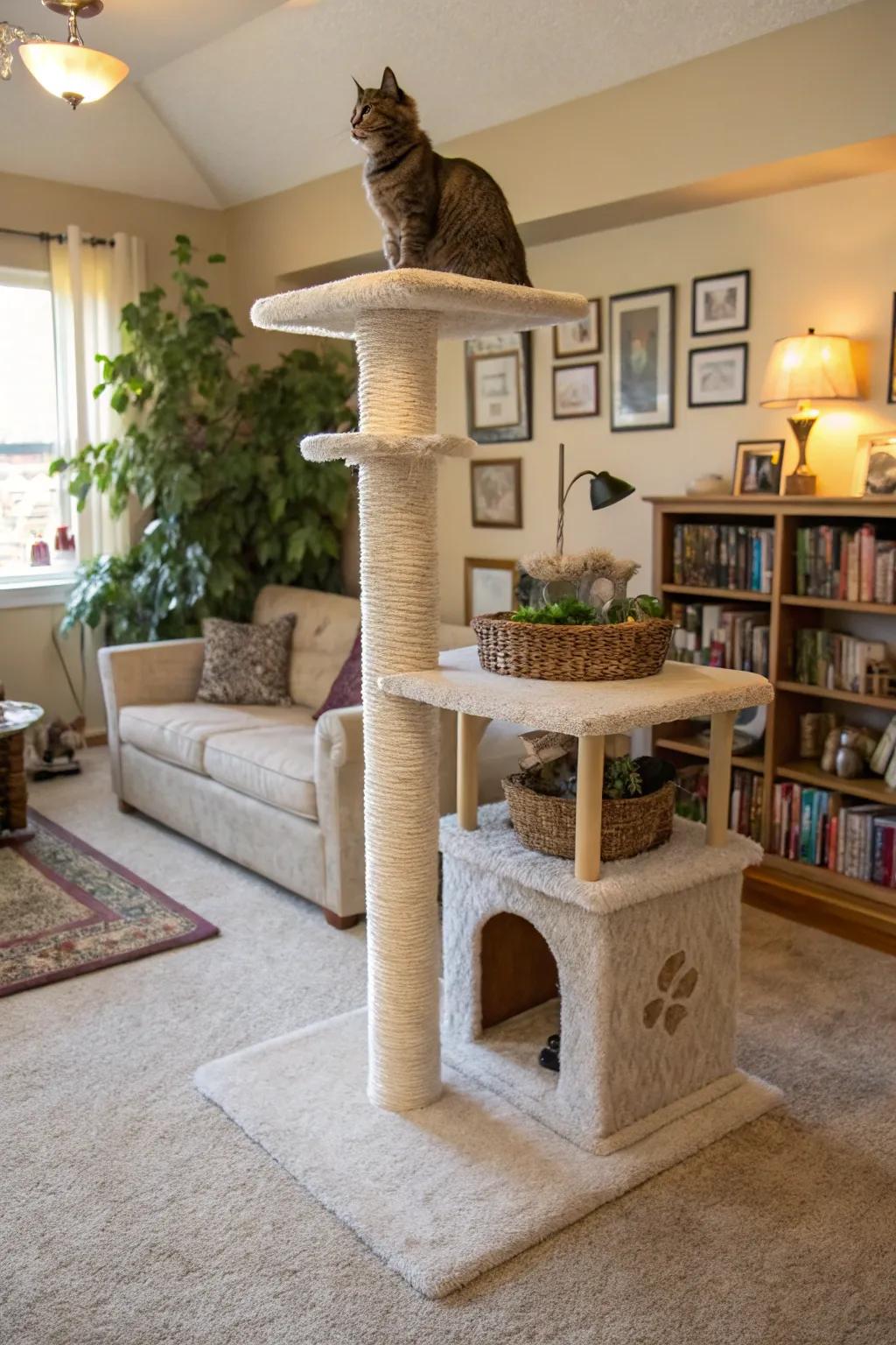 A carpeted tower offers a soft, comfortable surface for your cats.