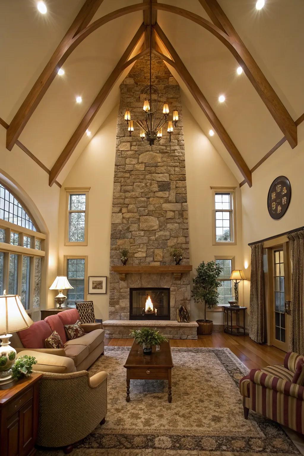 A cozy fireplace serves as a warm center point in the space.