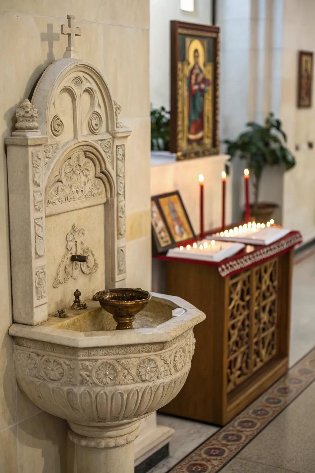 Holy liquid receptacles serve as a sacred habit and tie to the belief.