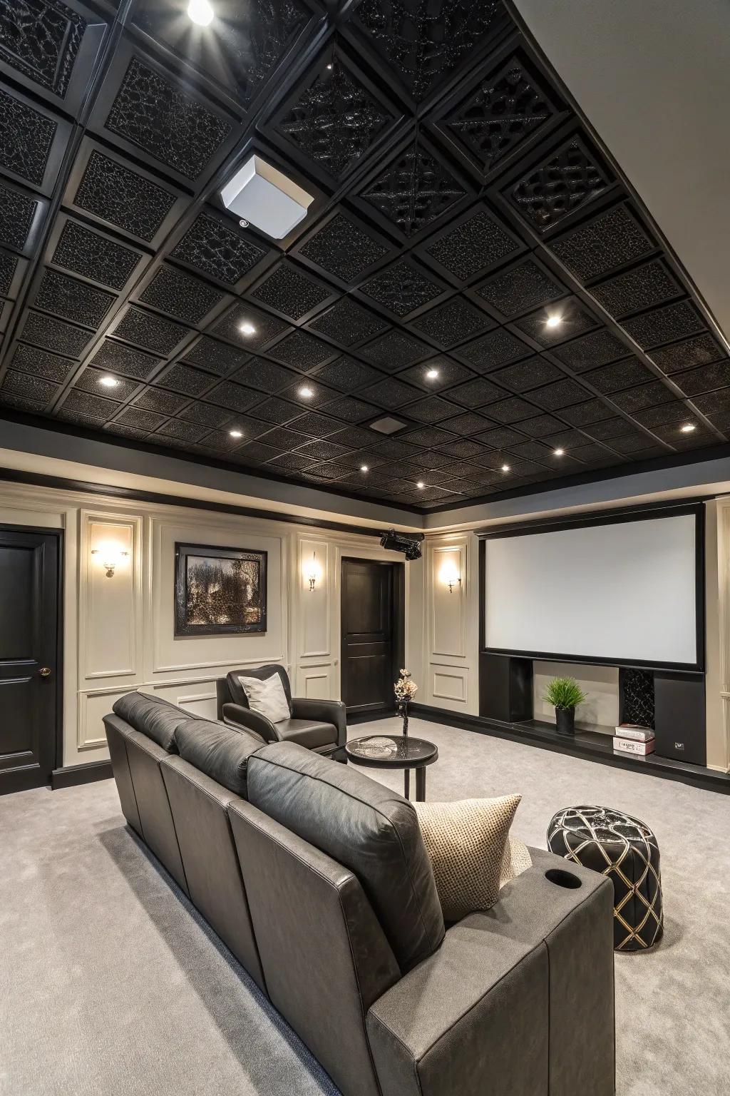 Dark ceiling tiles create a dramatic and cozy atmosphere.