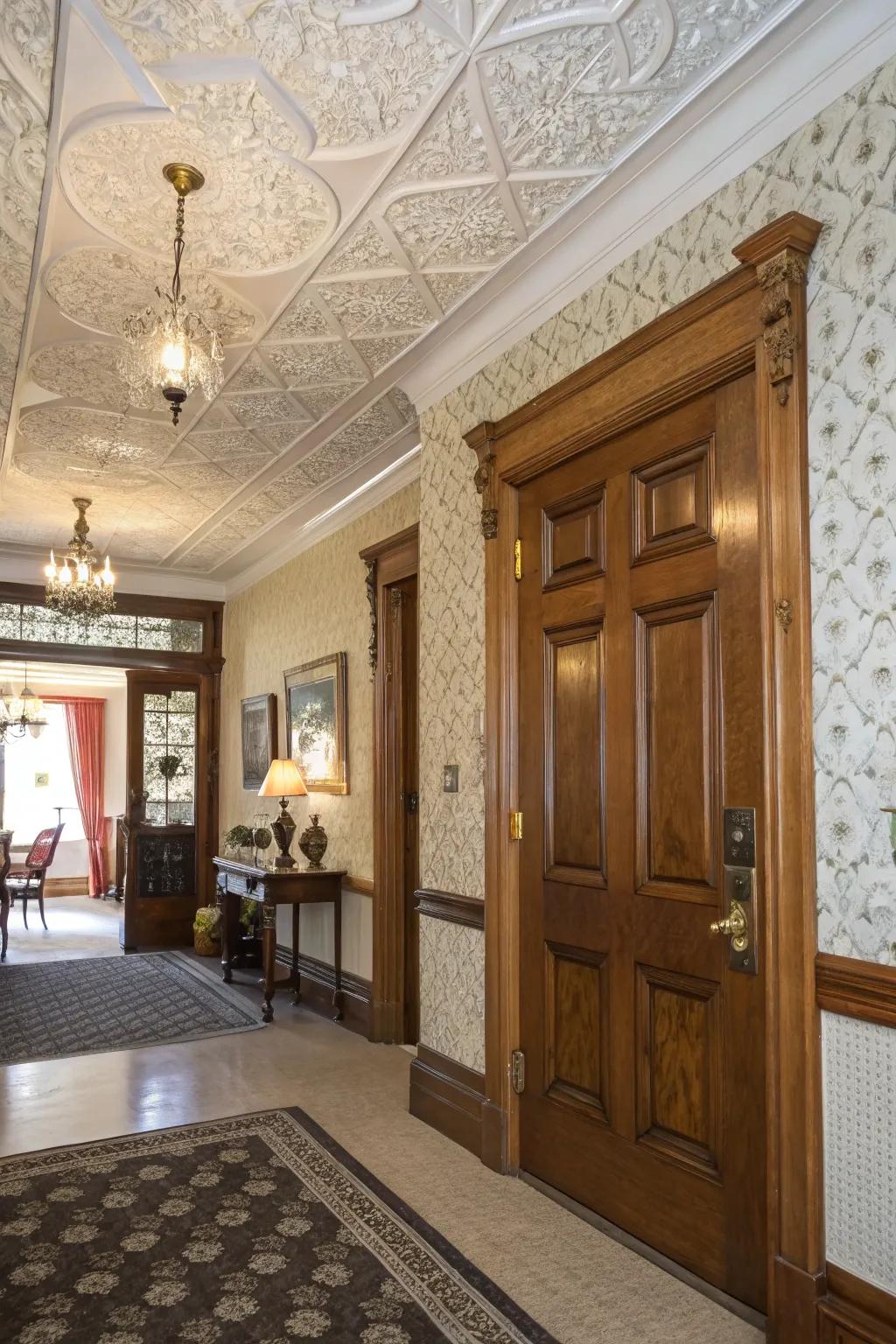 A foyer detailed with engraved motif ceiling shingles for traditional charm.
