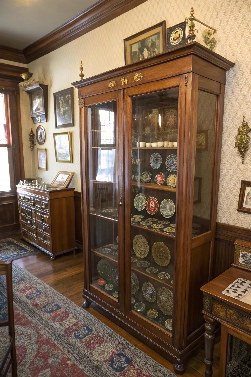 Curio cabinets afford an elegant and vintage exhibit solution.