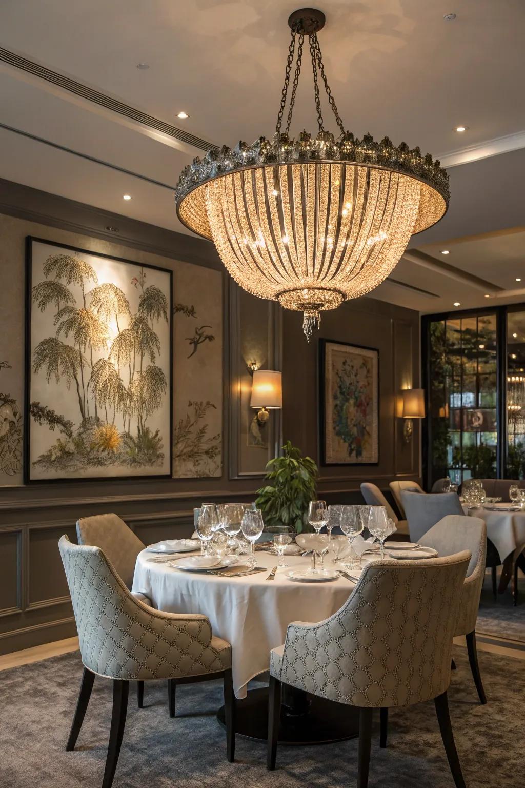 A sculptural chandelier doubles as a captivating art piece.