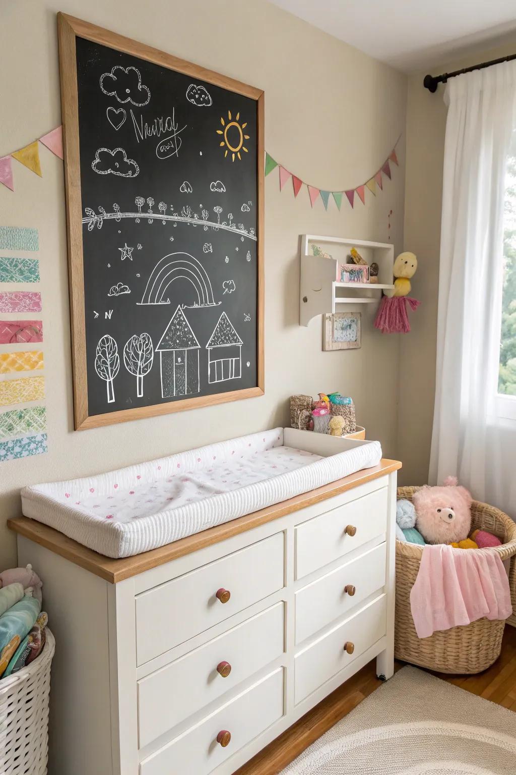 A writing board adds a whimsical and interactive component.