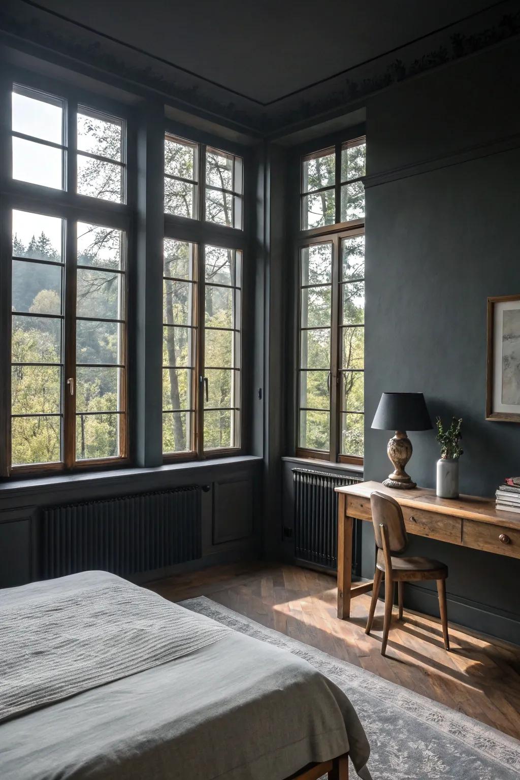 Natural light brightens a space using deep gray walls.