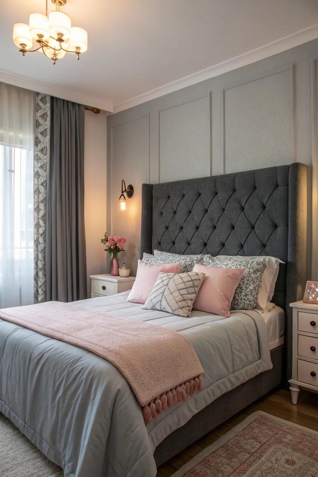 Pastel highlights soften and romanticize a inky grey headboard setting.