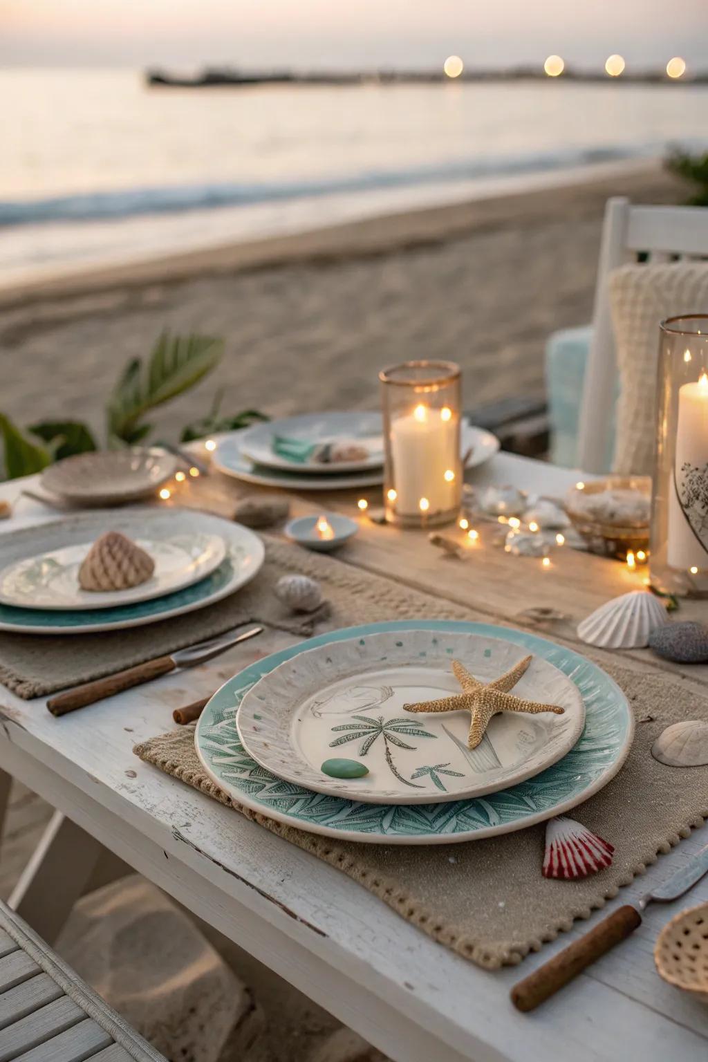 Seashell charger plates result in an invigorating seashore-inspired table.