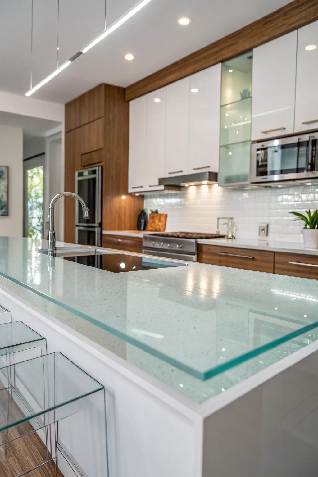 An elegant kitchen glows with see-through surfaces.