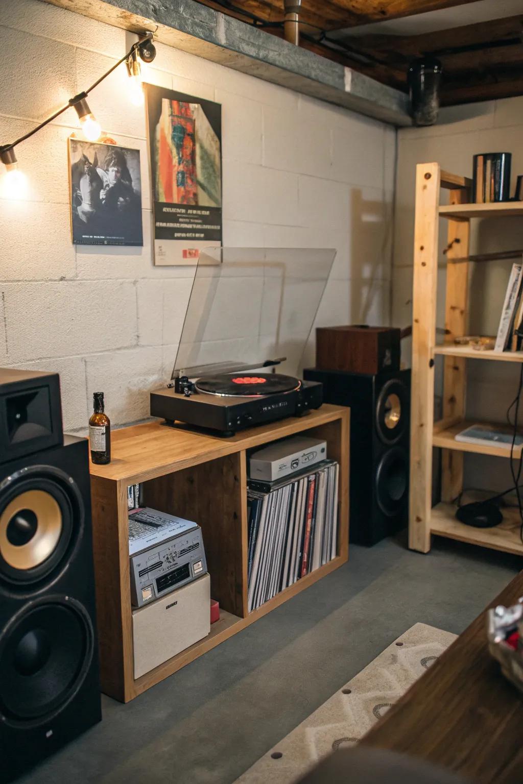 A music spot with a record player enhances the ambiance.