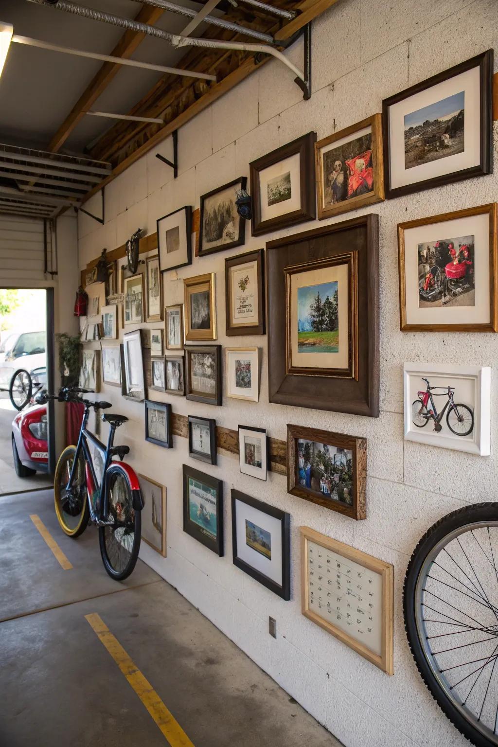 Wall art personalizes and enhances garage aesthetics.
