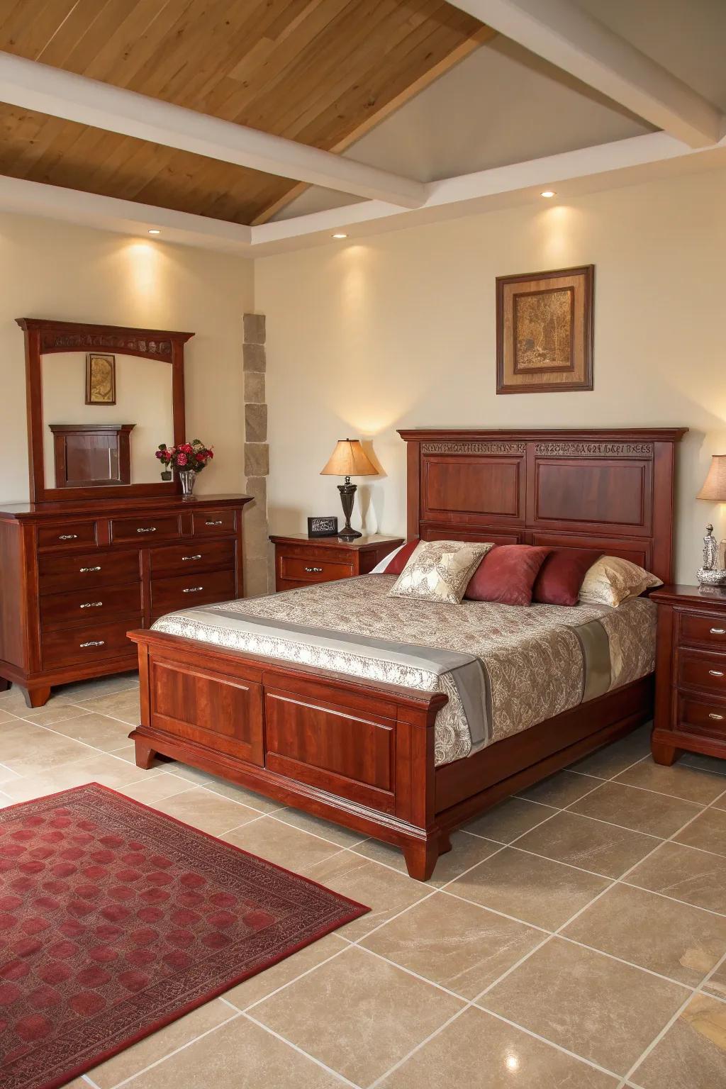 Symmetrical arrangements crafting balance in a walnut wood bedroom.