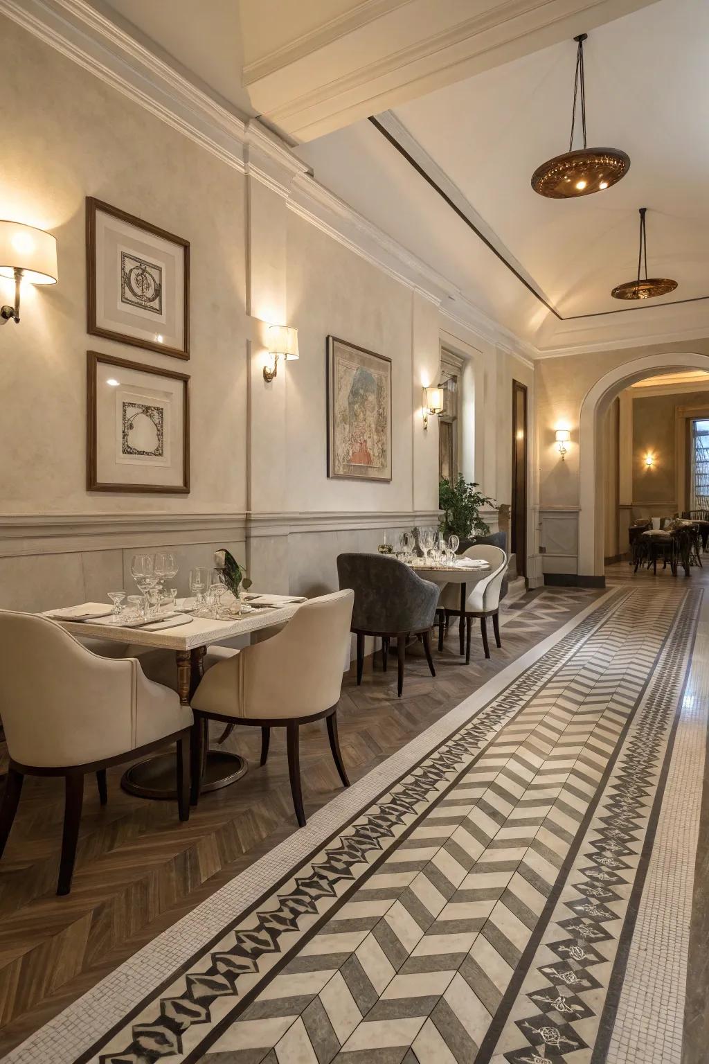 Herringbone tile borders provide a refined accent, enhancing the elegance of this dining room.