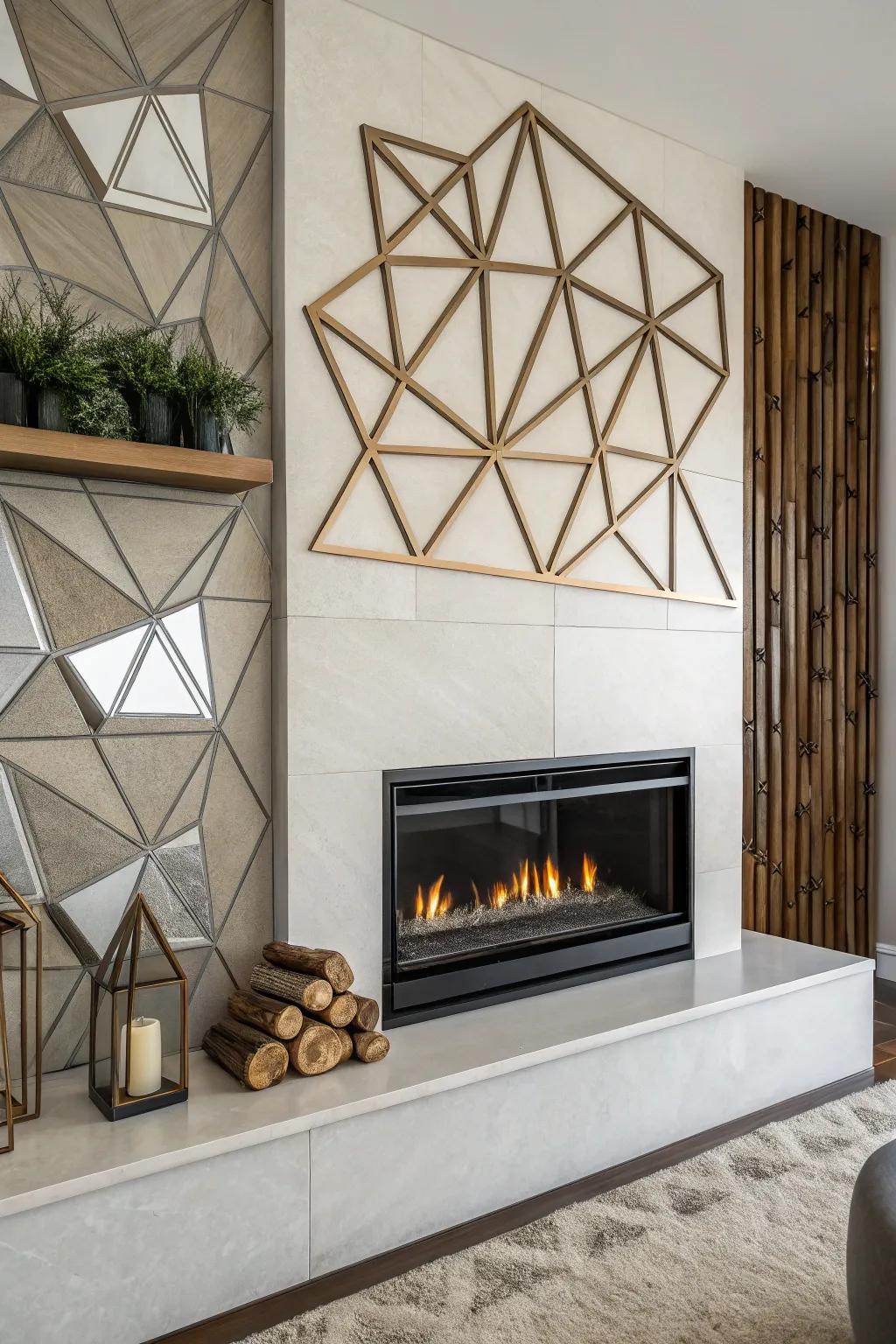 Geometric shapes encircling the fireplace introduce a modern and fresh touch.