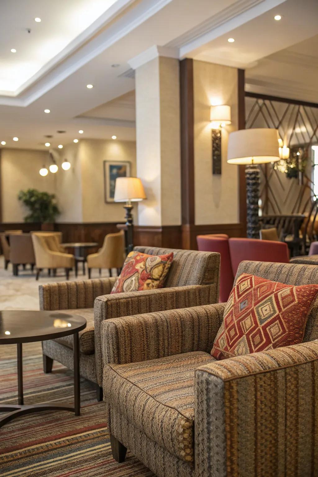 Textured materials enhancing the comfort and flair of the lobby seating.