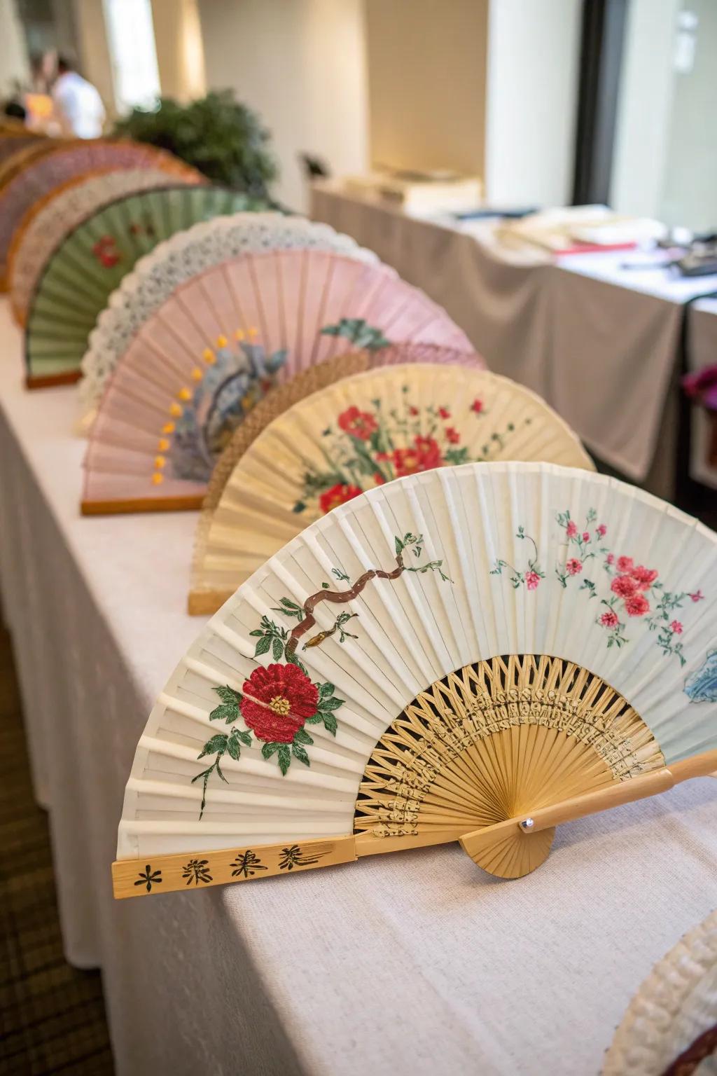 Elegant Chinese hand fans as charming wedding favors.