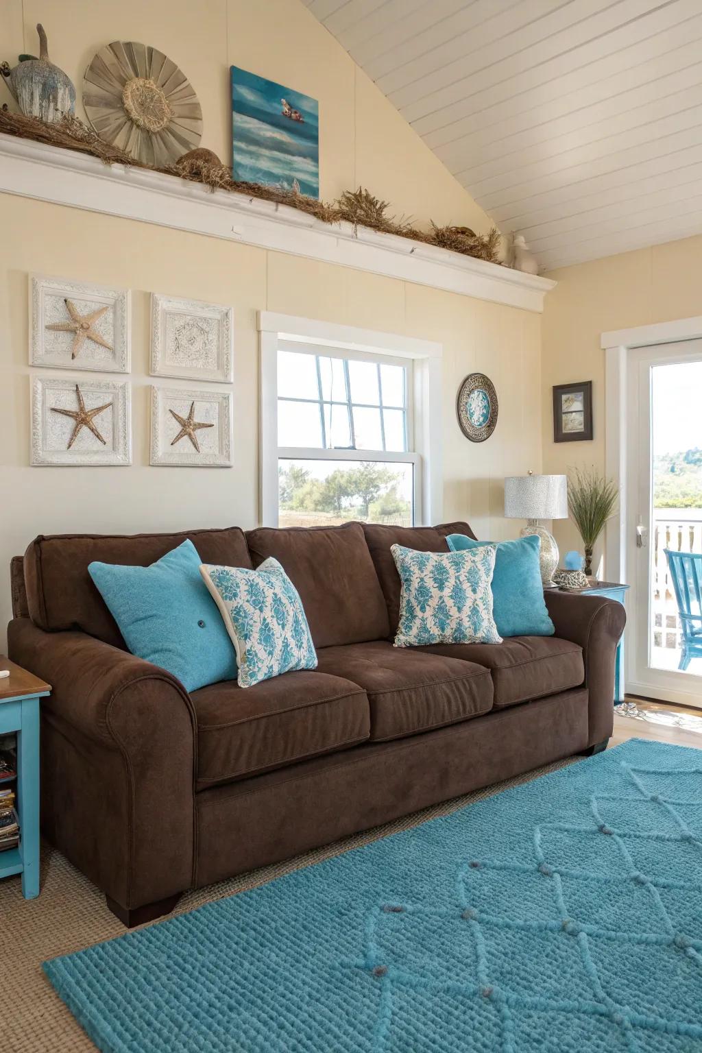 Seaside comfort is achieved with deep tones that complement a cocoa sofa.